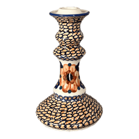 A picture of a Polish Pottery Tall Candlestick (Bouquet in a Basket) | S124S-JZK as shown at PolishPotteryOutlet.com/products/tall-candlestick-bouquet-in-a-basket-s124s-jzk