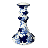 A picture of a Polish Pottery Tall Candlestick (Blue Butterfly) | S124U-AS58 as shown at PolishPotteryOutlet.com/products/tall-candlestick-blue-butterfly-s124u-as58