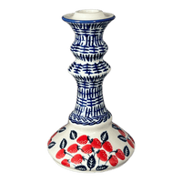 A picture of a Polish Pottery Tall Candlestick (Fresh Strawberries) | S124U-AS70 as shown at PolishPotteryOutlet.com/products/tall-candlestick-fresh-strawberries-s124u-as70