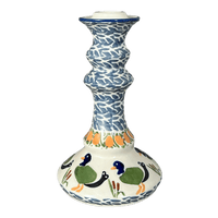 A picture of a Polish Pottery Tall Candlestick (Ducks in a Row) | S124U-P323 as shown at PolishPotteryOutlet.com/products/tall-candlestick-ducks-in-a-row-s124u-p323