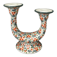 A picture of a Polish Pottery Two-Arm Candlestick (Peach Blossoms) | S134S-AS46 as shown at PolishPotteryOutlet.com/products/two-armed-candle-holder-peach-blossoms-s134s-as46
