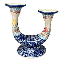 A picture of a Polish Pottery Two-Armed Candle Holder (Beautiful Botanicals) | S134S-DPOG as shown at PolishPotteryOutlet.com/products/two-armed-candle-holder-beautiful-botanicals-s134s-dpog