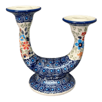 A picture of a Polish Pottery Two-Arm Candlestick (Festive Flowers) | S134S-IZ16 as shown at PolishPotteryOutlet.com/products/two-armed-candle-holder-festive-flowers-s134s-iz16