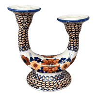 A picture of a Polish Pottery Two-Armed Candle Holder (Bouquet in a Basket) | S134S-JZK as shown at PolishPotteryOutlet.com/products/two-armed-candle-holder-bouquet-in-a-basket-s134s-jzk