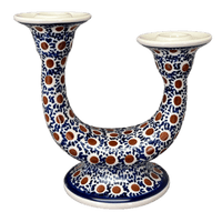 A picture of a Polish Pottery Two-Arm Candlestick (Chocolate Drop) | S134T-55 as shown at PolishPotteryOutlet.com/products/two-armed-candle-holder-chocolate-drop-s134t-55