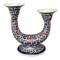 A picture of a Polish Pottery Two-Armed Candle Holder (Chocolate Drop) | S134T-55 as shown at PolishPotteryOutlet.com/products/two-armed-candle-holder-chocolate-drop-s134t-55