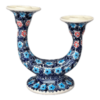 A picture of a Polish Pottery Two-Armed Candle Holder (Daisy Circle) | S134T-MS01 as shown at PolishPotteryOutlet.com/products/two-armed-candle-holder-daisy-circle-s134t-ms01