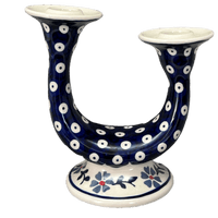 A picture of a Polish Pottery Two-Armed Candle Holder (Periwinkle Chain) | S134T-P213 as shown at PolishPotteryOutlet.com/products/two-armed-candle-holder-periwinkle-chain-s134t-p213