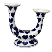 A picture of a Polish Pottery Two-Armed Candle Holder (Whole Hearted) | S134T-SEDU as shown at PolishPotteryOutlet.com/products/two-armed-candle-holder-whole-hearted-s134t-sedu