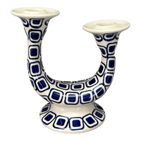 A picture of a Polish Pottery Two-Arm Candlestick (Navy Retro) | S134U-601A as shown at PolishPotteryOutlet.com/products/two-armed-candle-holder-navy-retro-s134u-601a