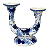 A picture of a Polish Pottery Two-Arm Candlestick (Blue Butterfly) | S134U-AS58 as shown at PolishPotteryOutlet.com/products/two-armed-candle-holder-blue-butterfly-s134u-as58