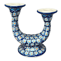 A picture of a Polish Pottery Two-Armed Candle Holder (Blue Diamond) | S134U-DHR as shown at PolishPotteryOutlet.com/products/two-armed-candle-holder-blue-diamond-s134u-dhr