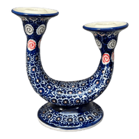 A picture of a Polish Pottery Two-Armed Candle Holder (Carnival) | S134U-RWS as shown at PolishPotteryOutlet.com/products/two-armed-candle-holder-carnival-s134u-rws