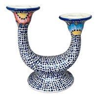 A picture of a Polish Pottery Two-Armed Candle Holder (Fiesta) | S134U-U1 as shown at PolishPotteryOutlet.com/products/two-armed-candle-holder-fiesta-s134u-u1