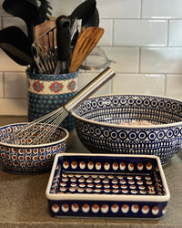 A picture of a Polish Pottery 8" Square Baker (Dot to Dot) | P151T-70A as shown at PolishPotteryOutlet.com/products/8-square-baker-dot-to-dot-p151t-70a