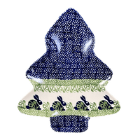 A picture of a Polish Pottery Christmas Tree Plate (Bunny Love) | T006T-P324 as shown at PolishPotteryOutlet.com/products/christmas-tree-plate-bunny-love-t006t-p324