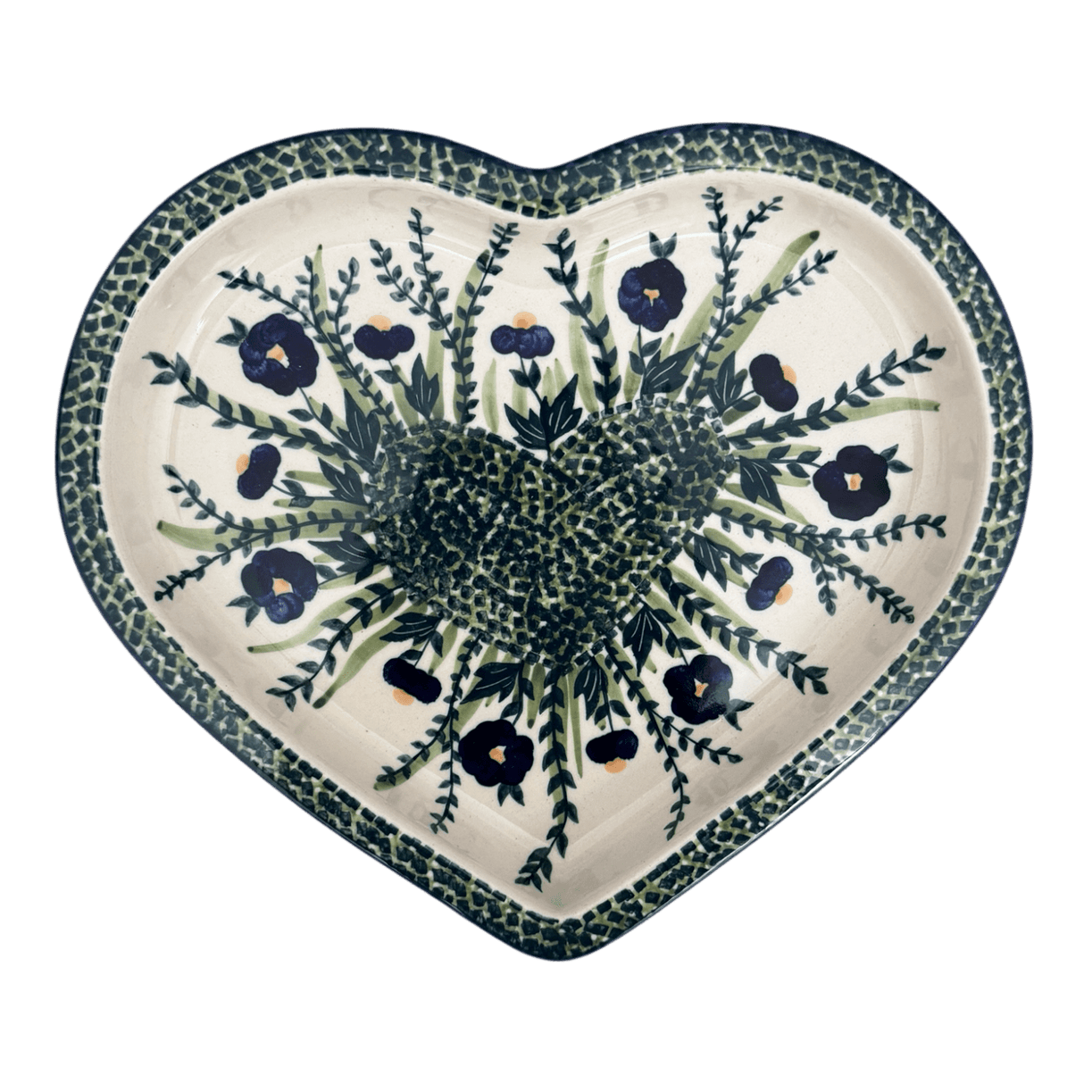 Plate, Heart-Shaped, 10.25" in "Bouncing Blue Blossoms" by Manufaktura | T118U-IM03