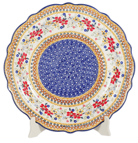 A picture of a Polish Pottery 13.5" Ornate "Basia" Plate (Ruby Duet) | T142S-DPLC as shown at PolishPotteryOutlet.com/products/13-5-ornate-basia-plate-ruby-duet