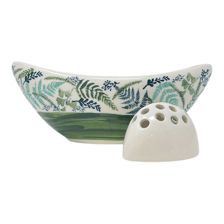 Vase, Ikebana, Oval, Frog Insert, 10.5" x 4.5" in "Scattered Ferns in Green" by Manufaktura | W022S-GZ44