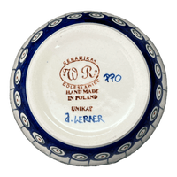 A picture of a Polish Pottery WR 5.75" W.R. Bowl (Peacock in Line) | WR12B-SM1 as shown at PolishPotteryOutlet.com/products/5-75-w-r-bowl-peacock-in-line-wr12b-sm1