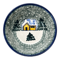 A picture of a Polish Pottery 7" Bowl (Winter Cabin) | WR12C-AB1 as shown at PolishPotteryOutlet.com/products/7-bowl-winter-cabin-wr12c-ab1