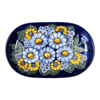 A picture of a Polish Pottery 7" x 11" Oval Roaster (Cobalt Blossoms) | WR13B-AB5 as shown at PolishPotteryOutlet.com/products/7-x-11-oval-roaster-cobalt-blossoms-wr13b-ab5