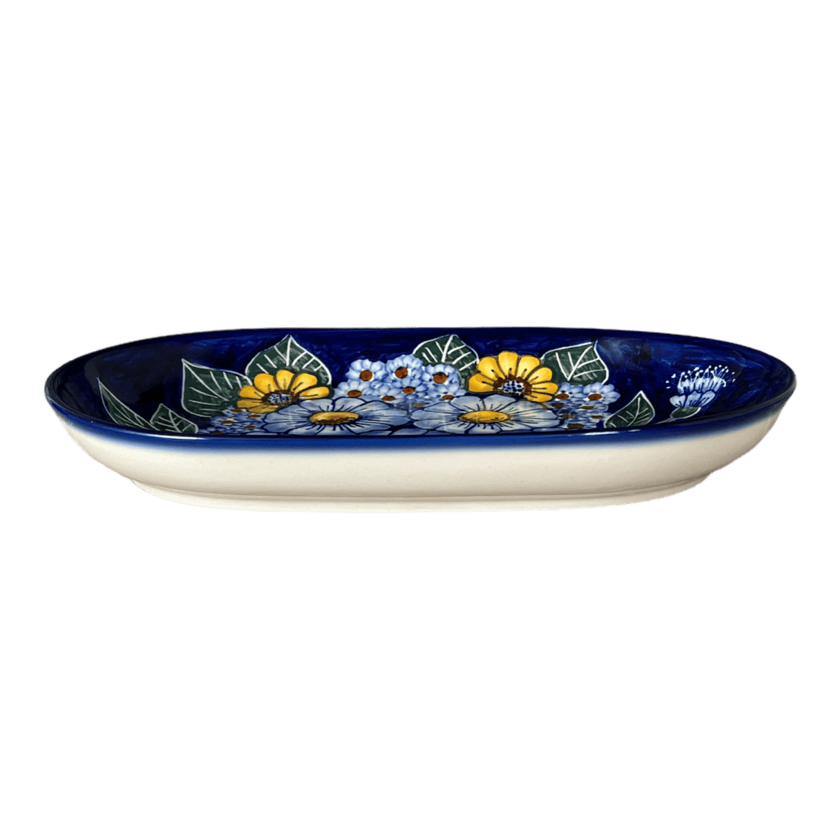 Plate, Roaster, Oval, 7" x 11", WR (WR13B) in "Cobalt Blossoms" by W.R. Ceramika | WR13B-AB5