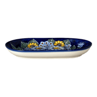 A picture of a Polish Pottery WR 7" x 11" Oval Roaster (Cobalt Blossoms) | WR13B-AB5 as shown at PolishPotteryOutlet.com/products/7-x-11-oval-roaster-cobalt-blossoms-wr13b-ab5