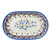 A picture of a Polish Pottery WR 7" x 11" Oval Roaster (Bows in Snow) | WR13B-WR15 as shown at PolishPotteryOutlet.com/products/7-x-11-oval-roaster-bows-in-snow-wr13b-wr15