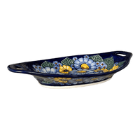 A picture of a Polish Pottery WR Oval Dish W/Handles (Cobalt Blossoms) | WR13G-AB5 as shown at PolishPotteryOutlet.com/products/oval-dish-w-handles-cobalt-blossoms-wr13g-ab5