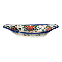 A picture of a Polish Pottery WR 12.5" x 7.75" Oval Dish W/Handles (Buds & Blossoms) | WR13G-MC3 as shown at PolishPotteryOutlet.com/products/oval-dish-w-handles-buds-blossoms-wr13g-mc3