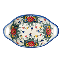 A picture of a Polish Pottery WR 12.5" x 7.75" Oval Dish W/Handles (Buds & Blossoms) | WR13G-MC3 as shown at PolishPotteryOutlet.com/products/oval-dish-w-handles-buds-blossoms-wr13g-mc3