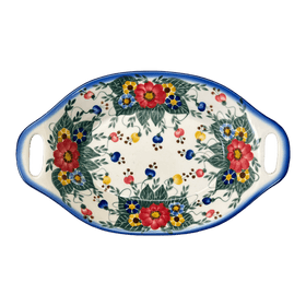 Polish Pottery WR 12.5" x 7.75" Oval Dish W/Handles (Buds & Blossoms) | WR13G-MC3 Additional Image at PolishPotteryOutlet.com