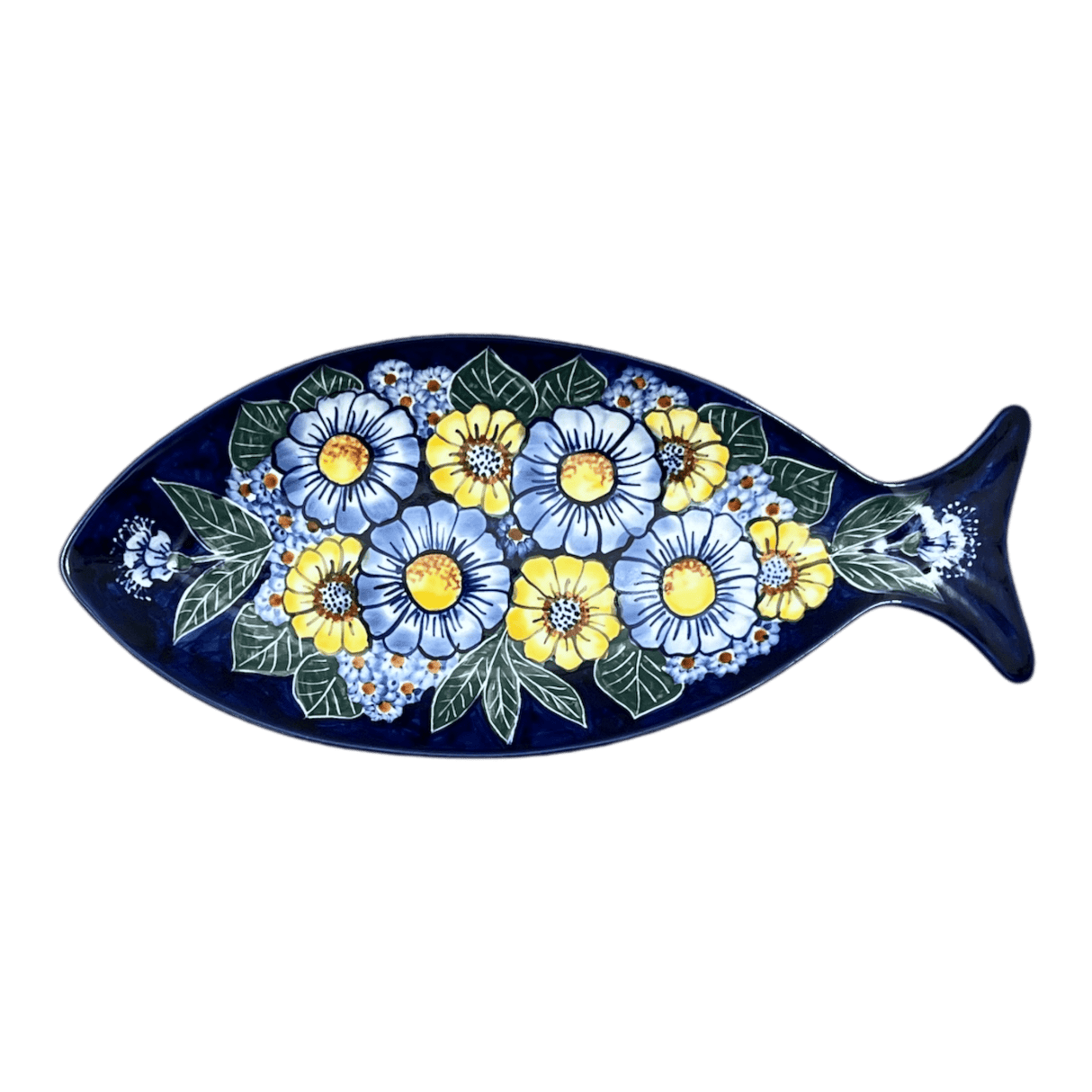 Plate, Fish-Shaped, 14.5" x 6.5", WR (WR13O) in "Cobalt Blossoms" by W.R. Ceramika | WR13O-AB5