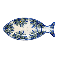 A picture of a Polish Pottery WR 14.5" x 6.5" Fish Plate (Delphinium Spray) | WR13O-BW3 as shown at PolishPotteryOutlet.com/products/14-5-x-6-5-fish-plate-delphinium-spray-wr13o-bw3