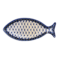 A picture of a Polish Pottery WR Fish Plate (Blue Floral Trellis) | WR13O-DT3 as shown at PolishPotteryOutlet.com/products/fish-plate-blue-floral-trellis-wr13o-dt3