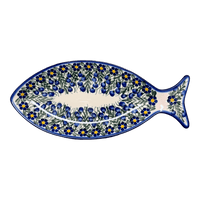 A picture of a Polish Pottery WR 14.5" x 6.5" Fish Plate (Modern Blue Cascade) | WR13O-GP1 as shown at PolishPotteryOutlet.com/products/14-5-x-6-5-fish-plate-modern-blue-cascade-wr13o-gp1