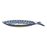 A picture of a Polish Pottery 14.5" x 6.5" Fish Plate (Modern Blue Cascade) | WR13O-GP1 as shown at PolishPotteryOutlet.com/products/14-5-x-6-5-fish-plate-modern-blue-cascade-wr13o-gp1