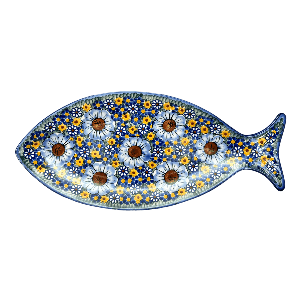 Plate, Fish-Shaped, 14.5" x 6.5", WR (WR13O) in "Chamomile" by W.R. Ceramika | WR13O-RC4