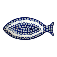 A picture of a Polish Pottery Fish Plate (Peacock in Line) | WR13O-SM1 as shown at PolishPotteryOutlet.com/products/fish-plate-peacock-in-line-wr13o-sm1