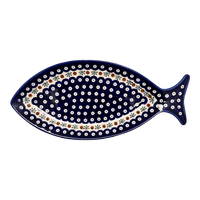 A picture of a Polish Pottery WR 14.5" x 6.5" Fish Plate (Mosquito) | WR13O-SM3 as shown at PolishPotteryOutlet.com/products/14-5-x-6-5-fish-plate-mosquito-wr13o-sm3