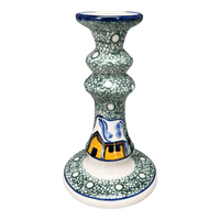 A picture of a Polish Pottery 7" Candlestick (Winter Cabin) | WR22C-AB1 as shown at PolishPotteryOutlet.com/products/7-candlestick-winter-cabin-wr22c-ab1