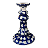 A picture of a Polish Pottery WR 7" Tall Candlestick (Peacock in Line) | WR22C-SM1 as shown at PolishPotteryOutlet.com/products/7-tall-candlestick-peacock-in-line-wr22c-sm1