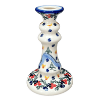 A picture of a Polish Pottery WR 7" Candlestick (Bows in Snow) | WR22C-WR15 as shown at PolishPotteryOutlet.com/products/7-candlestick-bows-in-snow-wr22c-wr15