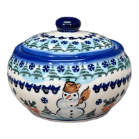 A picture of a Polish Pottery WR Round Covered Container (Frosty & Friend) | WR31I-WR11 as shown at PolishPotteryOutlet.com/products/round-covered-container-frosty-friend-wr31i-wr11