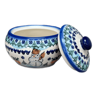 A picture of a Polish Pottery Round Covered Container (Frosty & Friend) | WR31I-WR11 as shown at PolishPotteryOutlet.com/products/round-covered-container-frosty-friend-wr31i-wr11