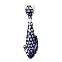 A picture of a Polish Pottery 12.5" Tall Cat Figurine (Peacock in Line) | WR40A-SM1 as shown at PolishPotteryOutlet.com/products/12-5-tall-cat-figurine-peacock-in-line-wr40a-sm1