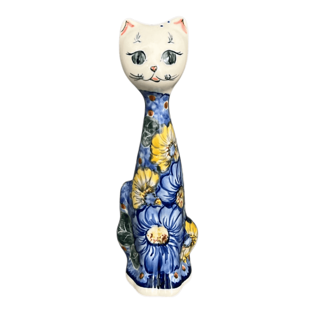 Figurine, Tall Cat, 8", WR (WR40B) in "Cobalt Blossoms" by W.R. Ceramika | WR40B-AB5
