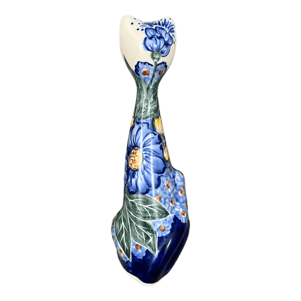 Figurine, Tall Cat, 8", WR (WR40B) in "Cobalt Blossoms" by W.R. Ceramika | WR40B-AB5
