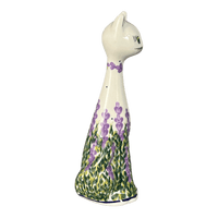 A picture of a Polish Pottery Figurine, Tall Cat, 9.5", WR (WR40C) in "Lavender Fields" by W.R. Ceramika | WR40C-BW4 as shown at PolishPotteryOutlet.com/products/9-5-tall-cat-figurine-lavender-fields-wr40c-bw4